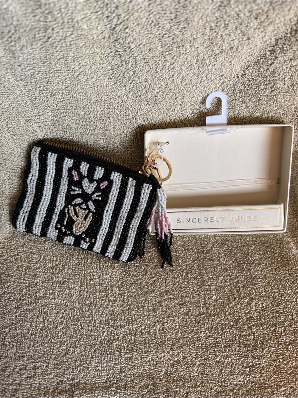 Sincerely Jules Black, White & Pink Beaded Frenchie Bulldog Pouch with Tassel